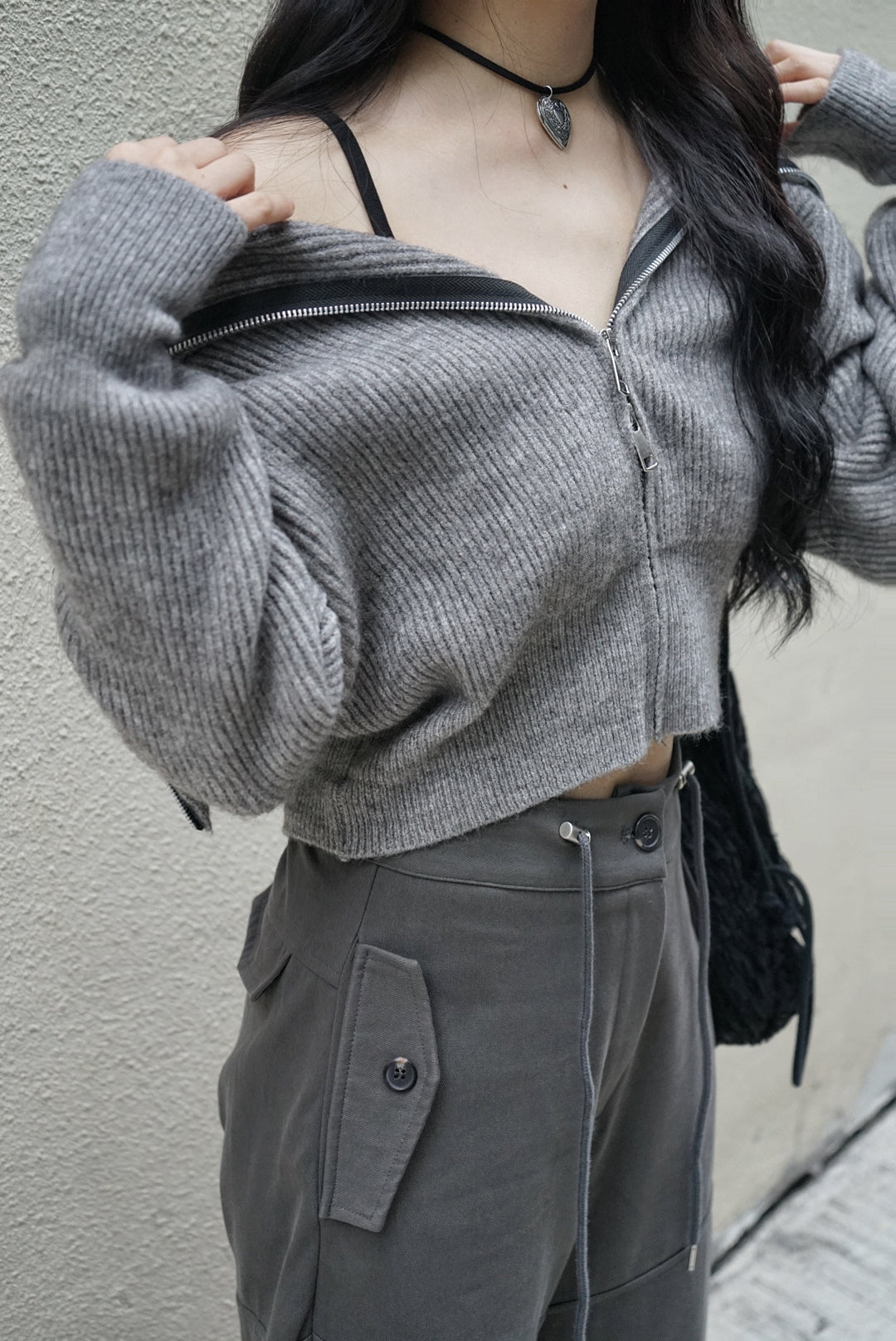 Knit Zip Up Top / Grey