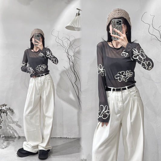 [現貨] Floral print see through top / charcoal