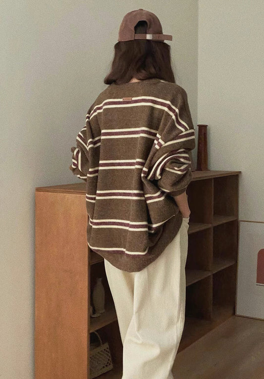 [ super comfy! 毛氈質地 好軟綿☁️] oversized striped top / brown