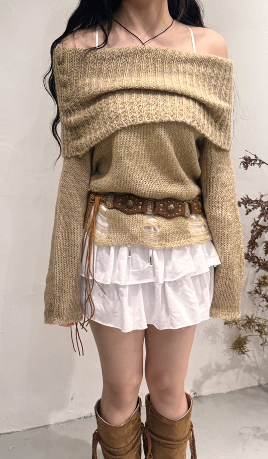 [ 約會裝 best picks! 🎀 ] damaged off shoulder knit / beige