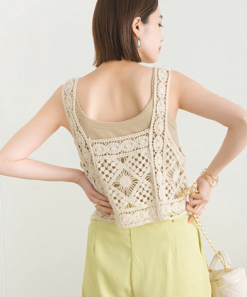 crocheted square neck top/ 2 colors