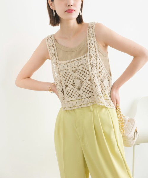 crocheted square neck top/ 2 colors