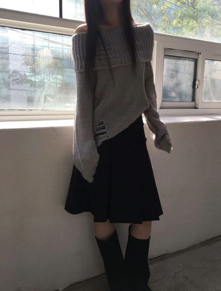 [ 約會裝 best picks! 🎀 ] damaged off shoulder knit / grey