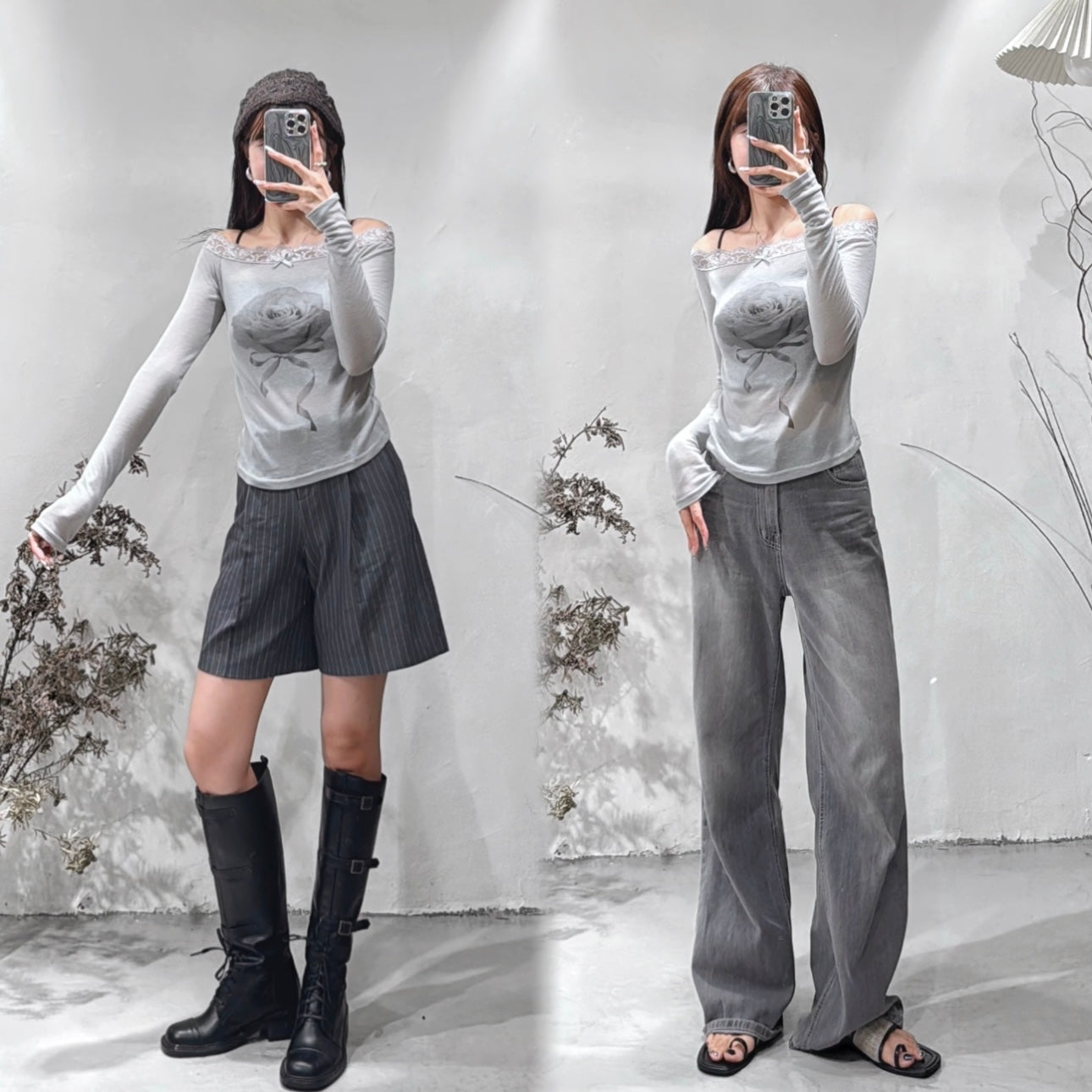 [直播92折適用!] off shoulder rose long sleeve/ grey