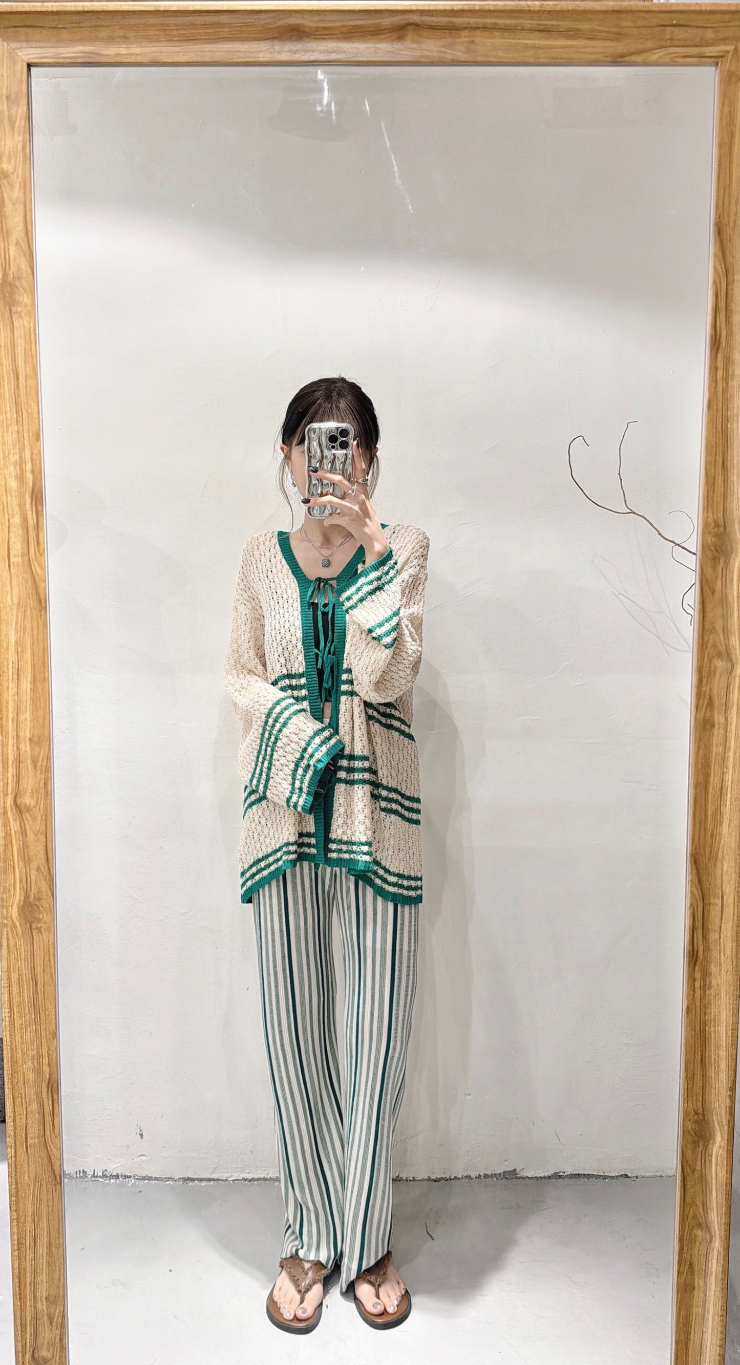 【日系感UP! 】Stripe crocheted outer/ Green