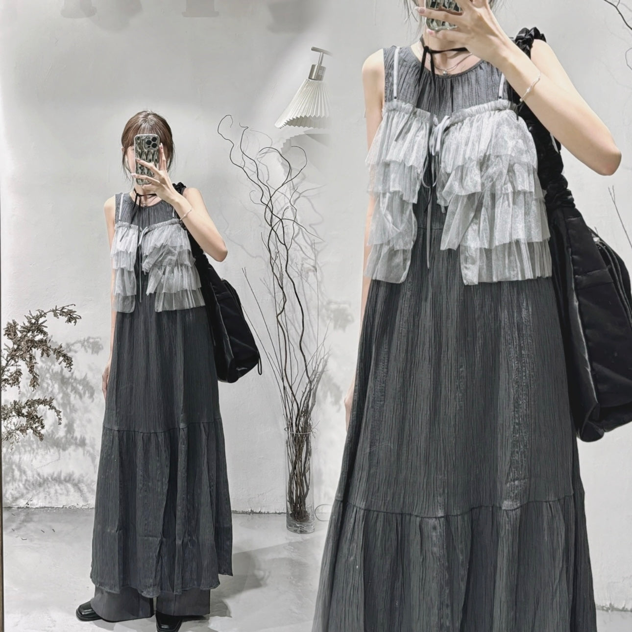 [ 兩邊可著！] ruffle 2-ways cami / charcoal