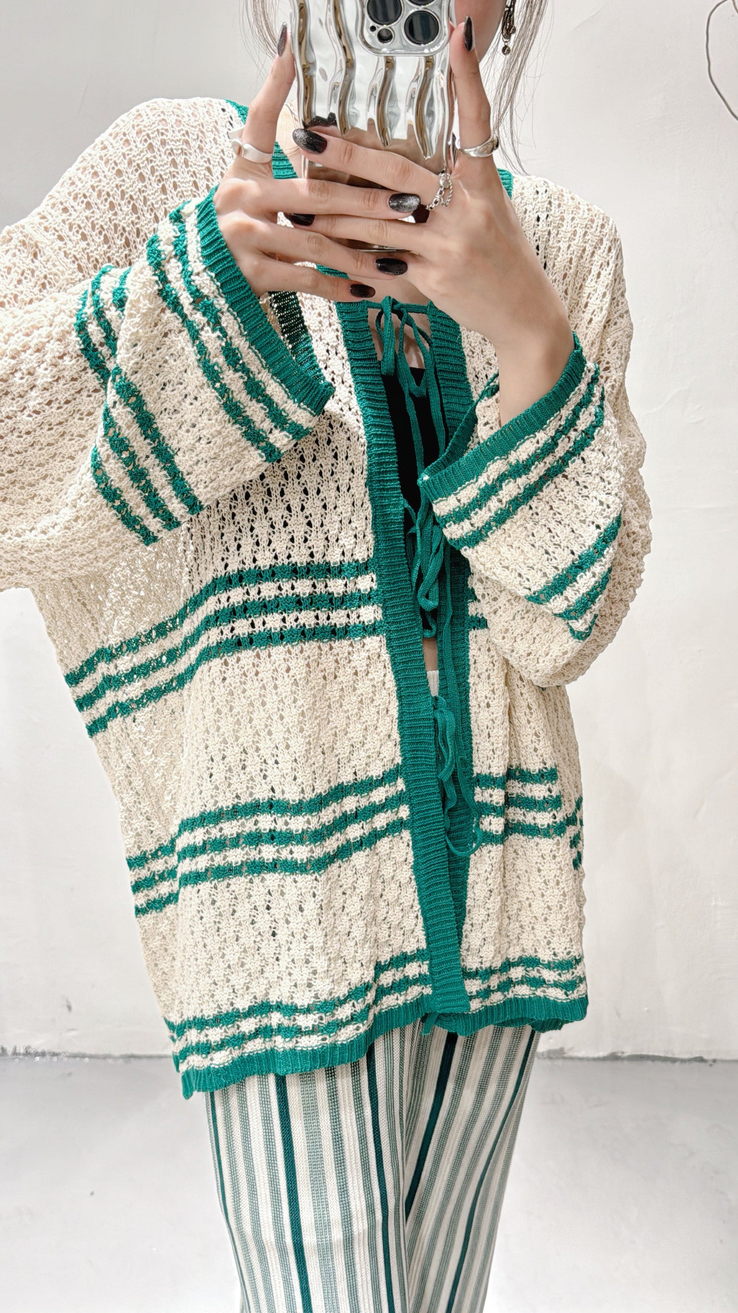 【日系感UP! 】Stripe crocheted outer/ Green