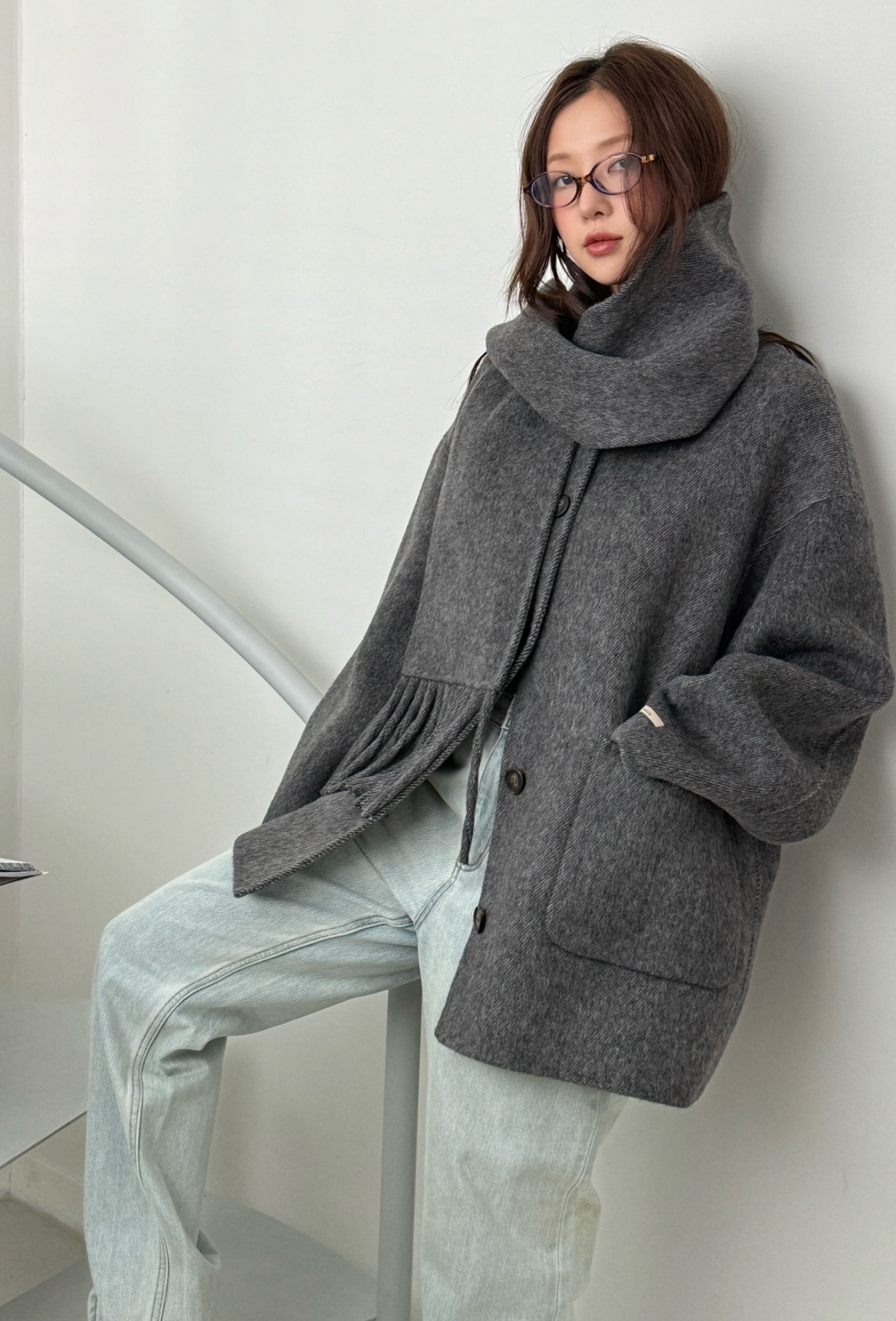 [100%羊毛！超高質大褸！] Oversized wool blended scarf coat / charcoal