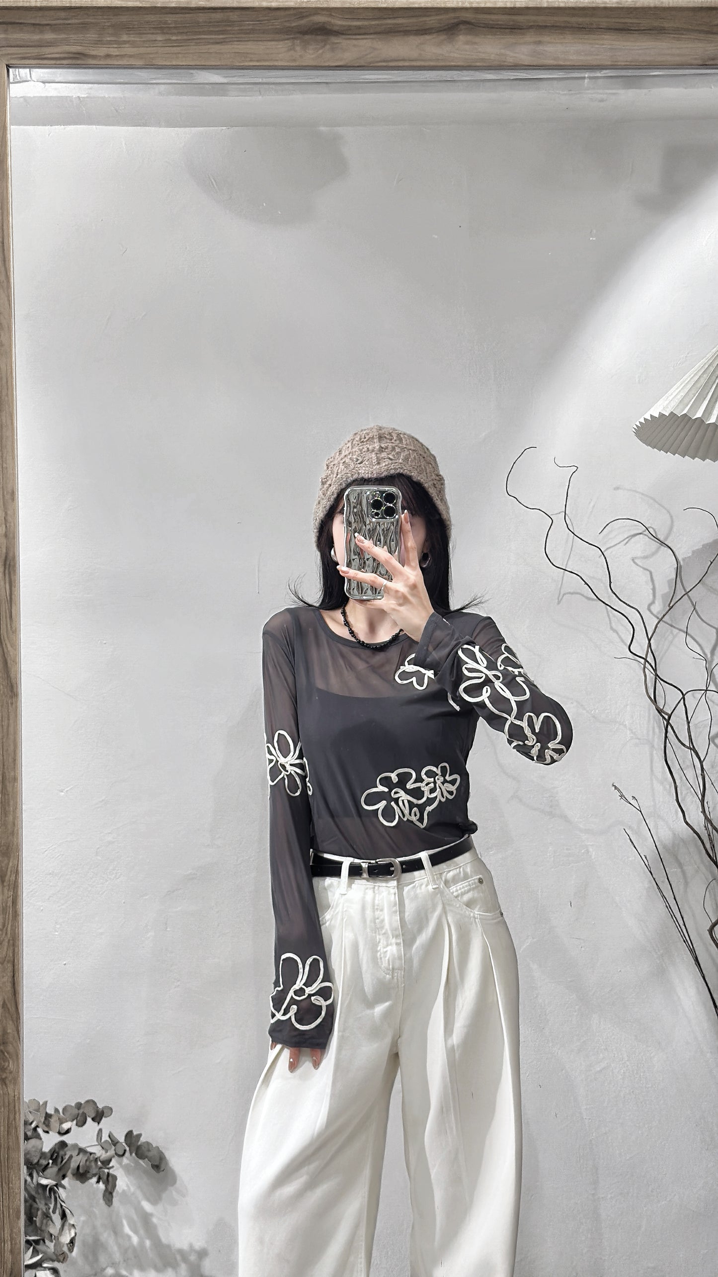 [現貨] Floral print see through top / charcoal