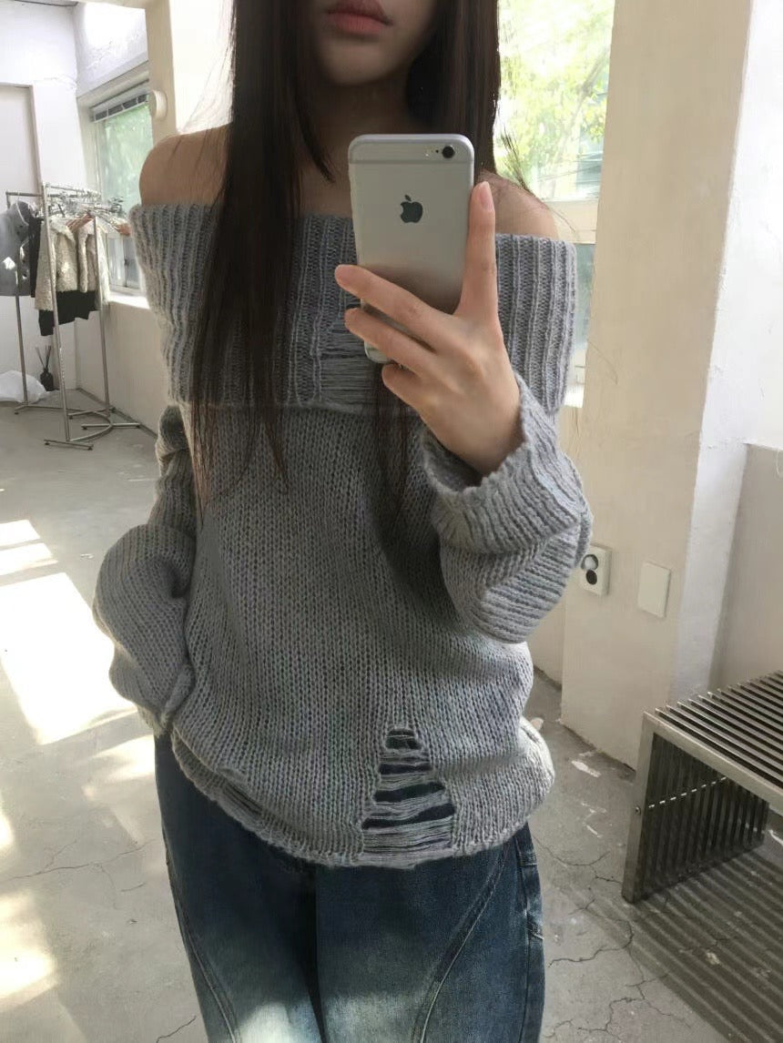 [ 約會裝 best picks! 🎀 ] damaged off shoulder knit / grey