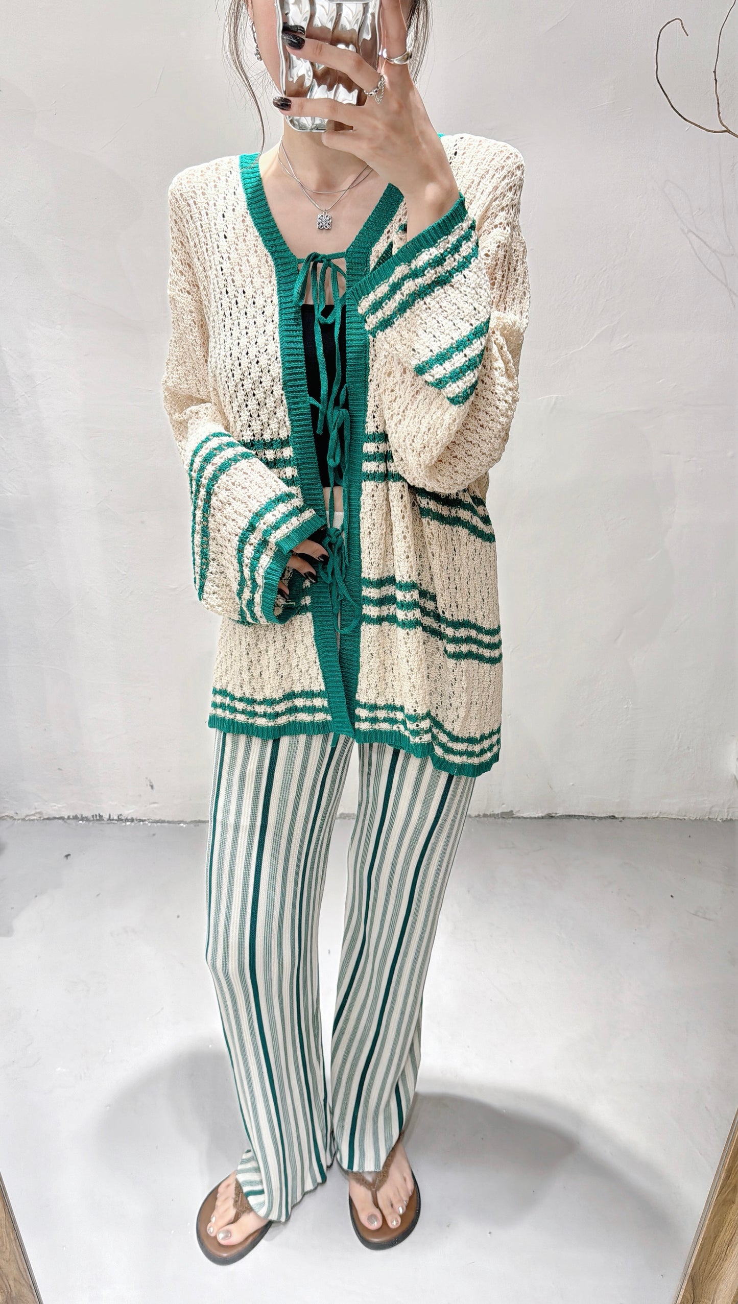 【日系感UP! 】Stripe crocheted outer/ Green