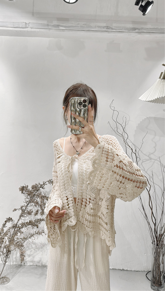 [ 自留款！］patterned crocheted outer/ beige