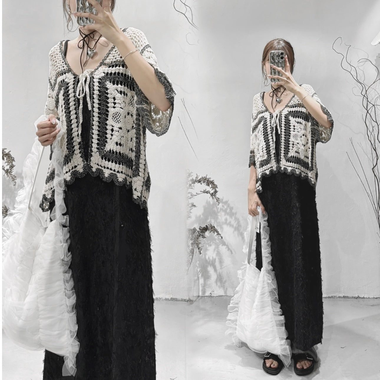 [ 店主推薦款！] Patterned crochet outer (short ver.) / black x ivory