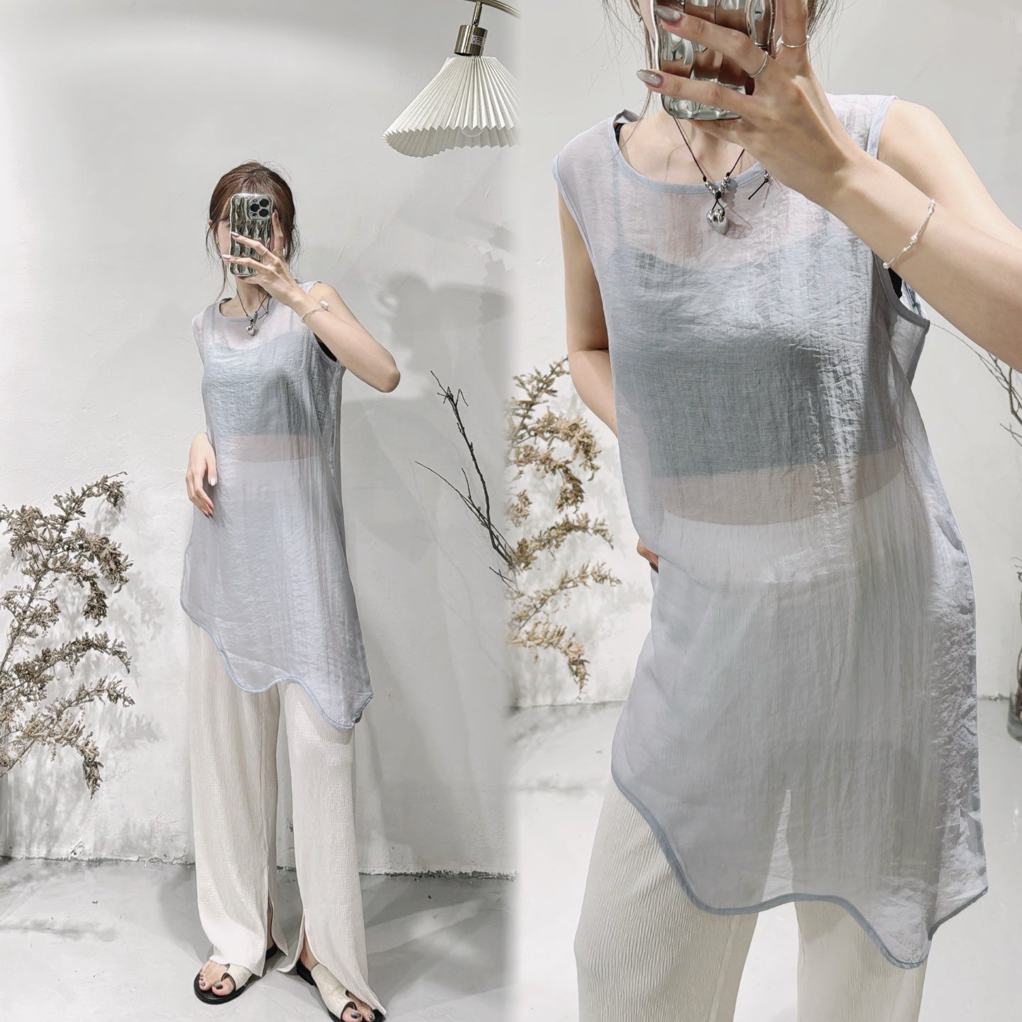 [ 店主自包四色！] Wave see through top / blue