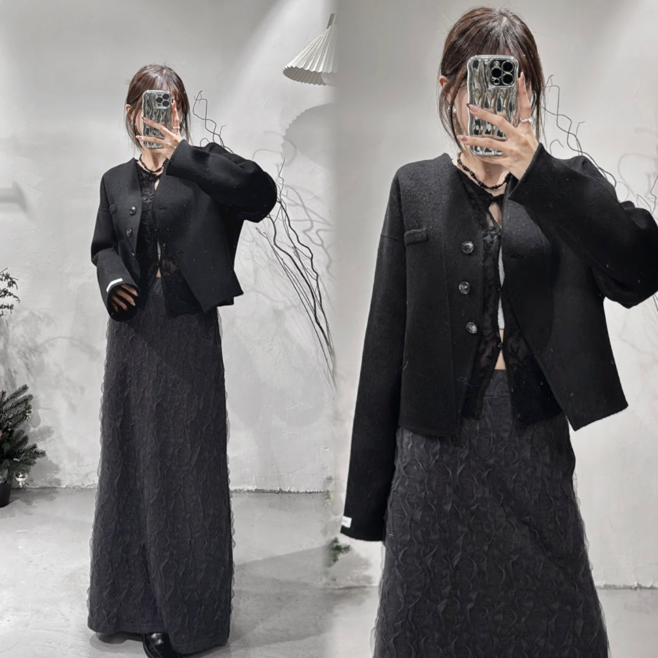 [ 店主自留！絕美超高級外套！] collarless wool-blend jacket/ black