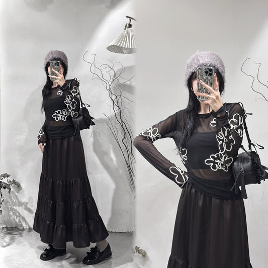 [現貨] Floral print see through top / black