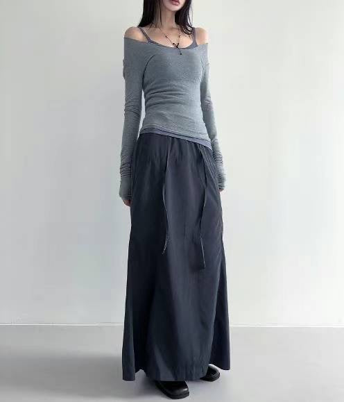絲綢面高質感半身長裙 / Charcoal
