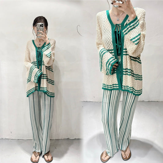 【日系感UP! 】Stripe crocheted outer/ Green