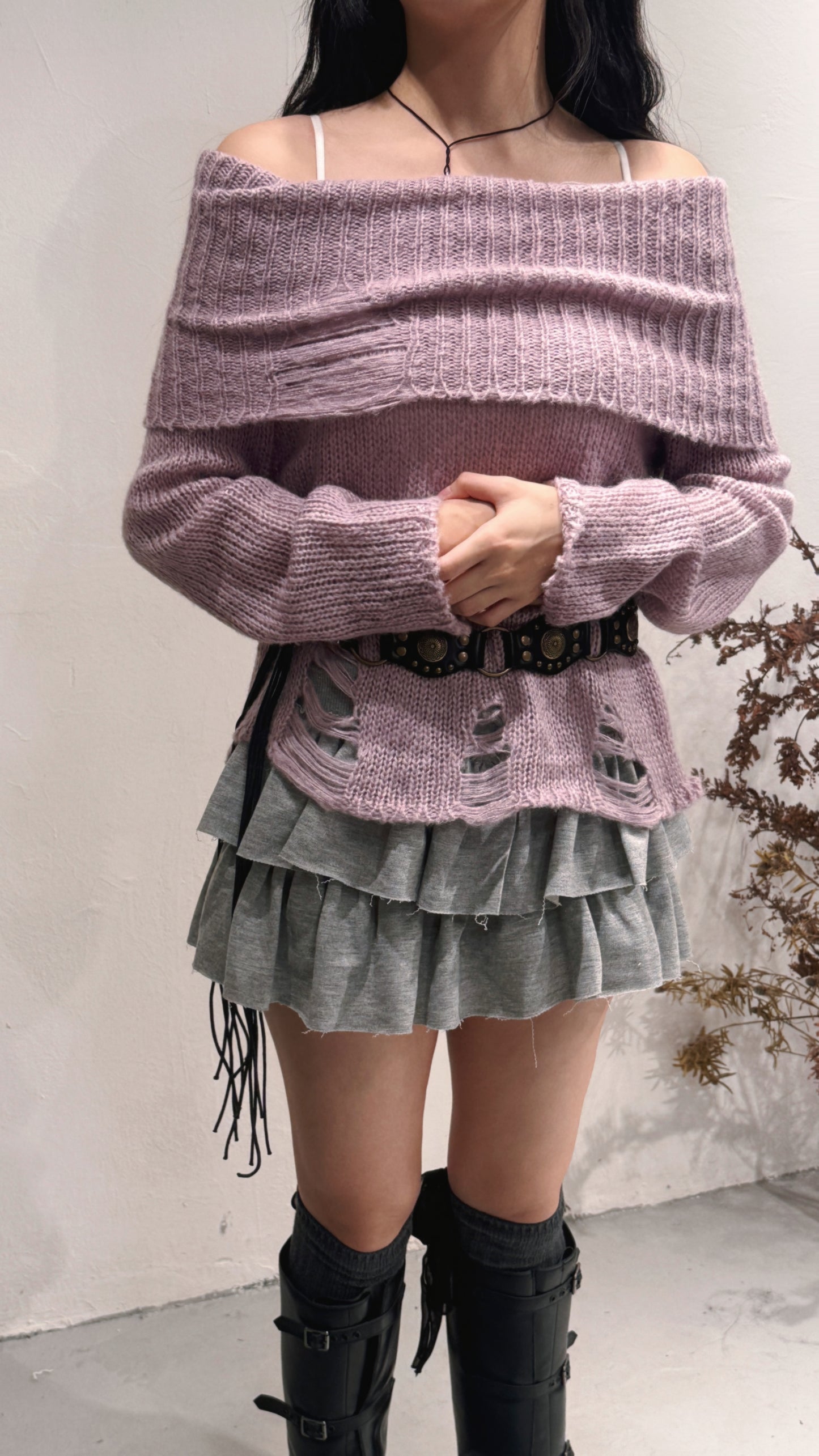 [ 約會裝 best picks! 🎀 ] damaged off shoulder knit / purple