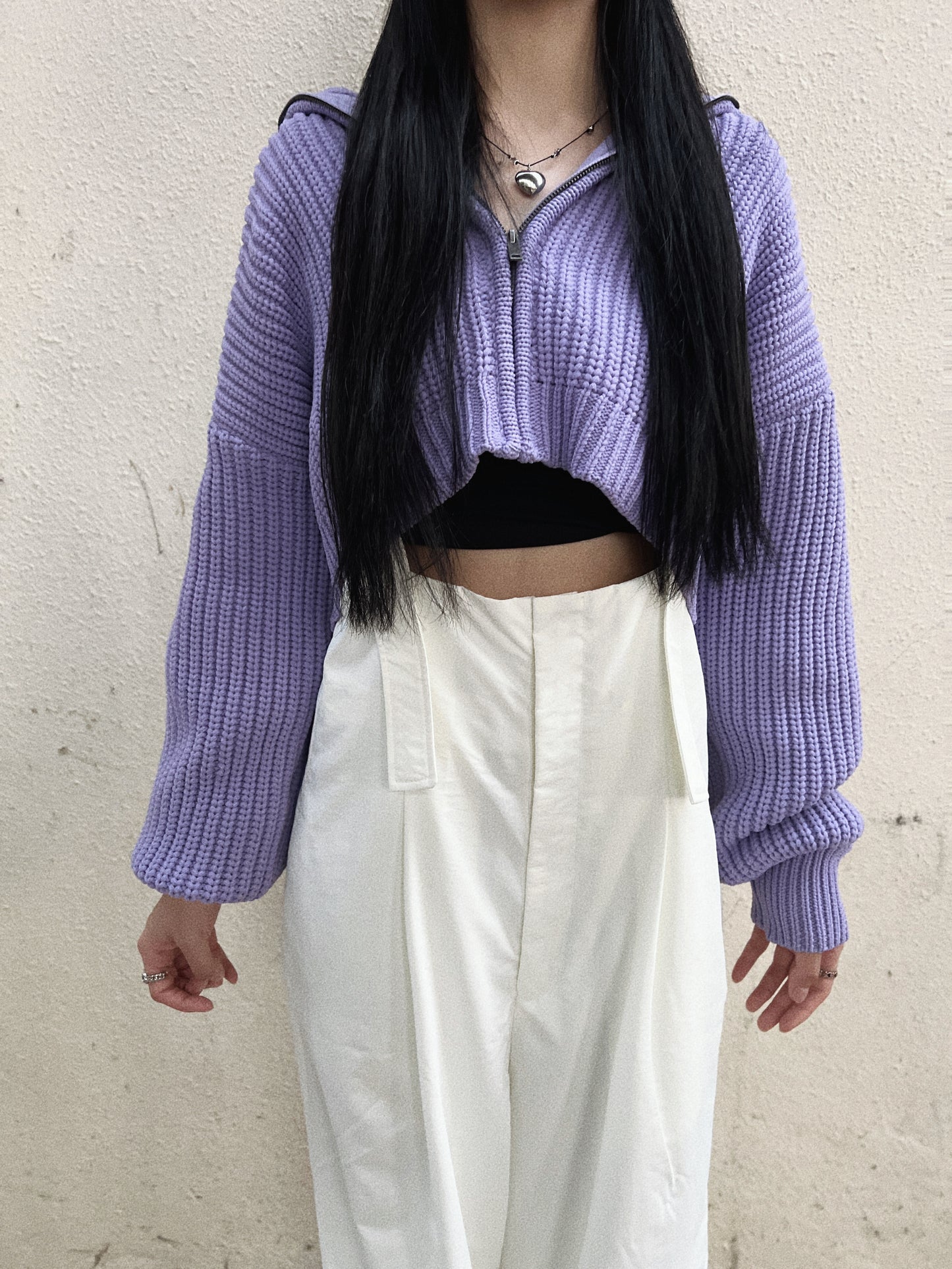 Crop knitted hoodie/ purple