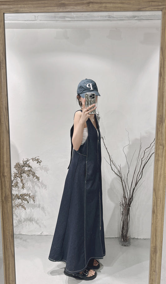 【Denim 👖 !】Topstitching onepieces dress / Navy