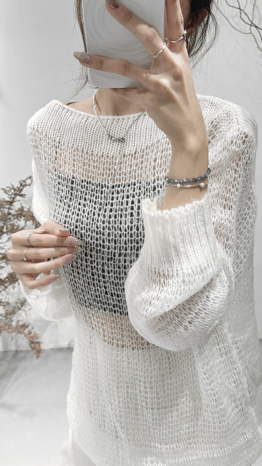 Mohair crew neck top / white