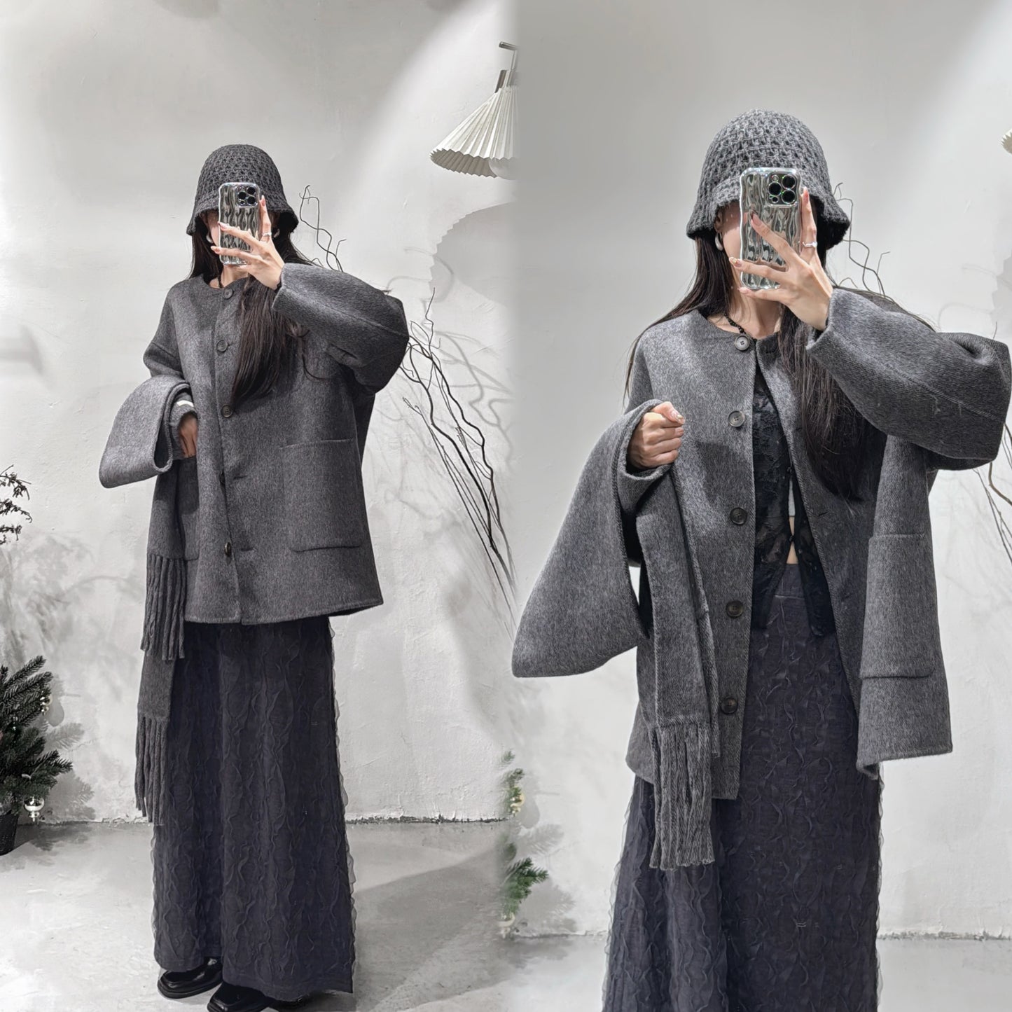 [100%羊毛！超高質大褸！] Oversized wool blended scarf coat / charcoal