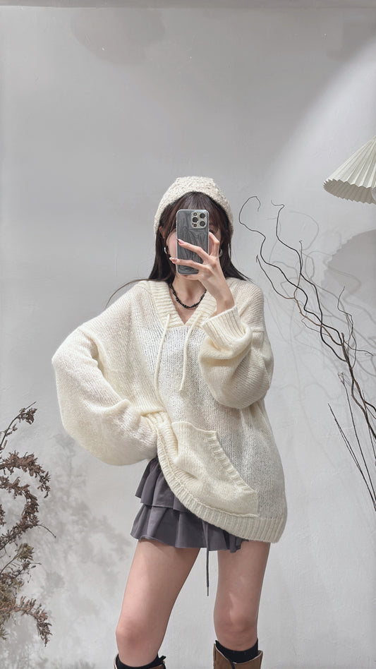 [ cozy winter 🎀🎄] hooded oversized knit/ ivory