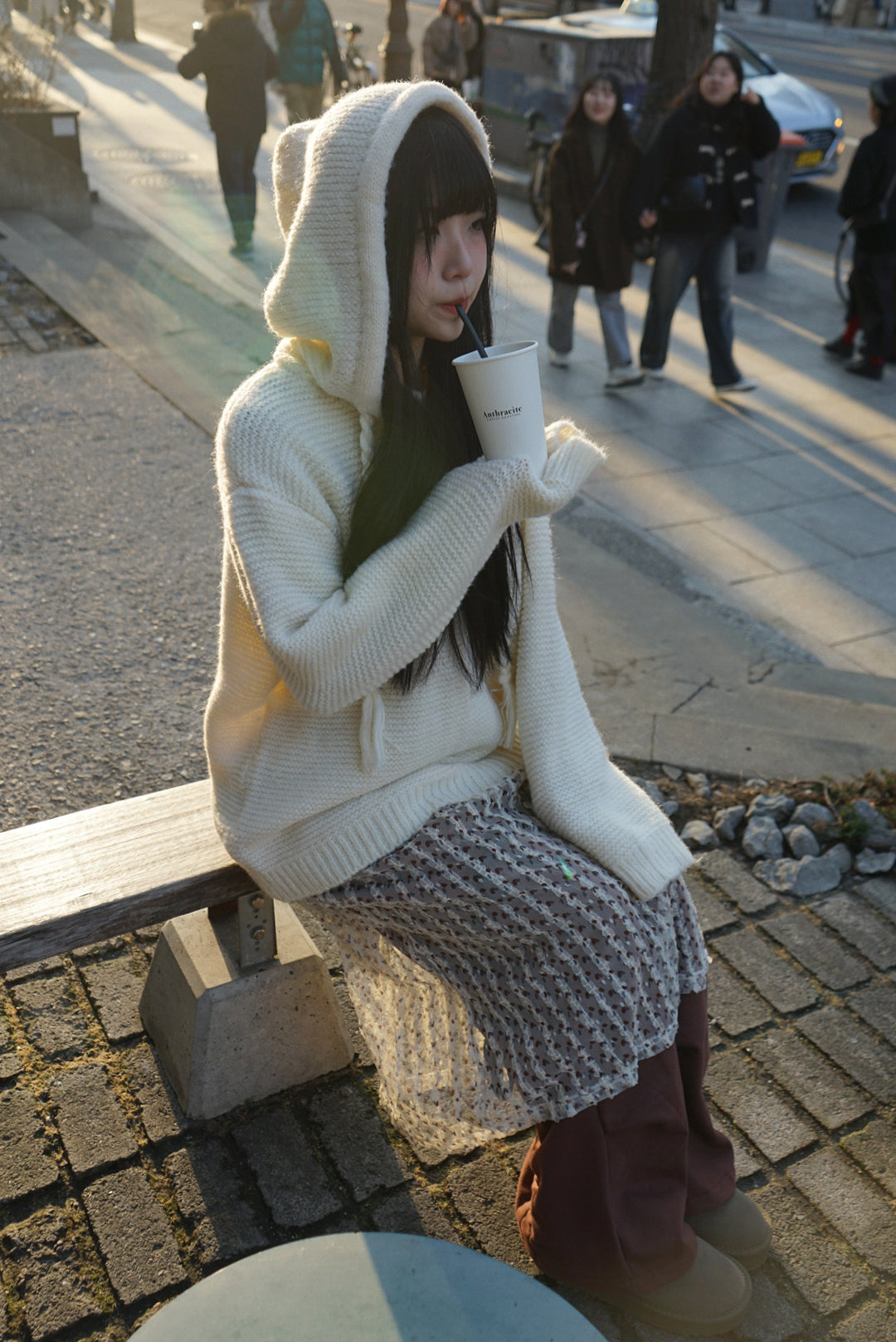 (Paris Picks ! )Twisted Knit Hoodie / White