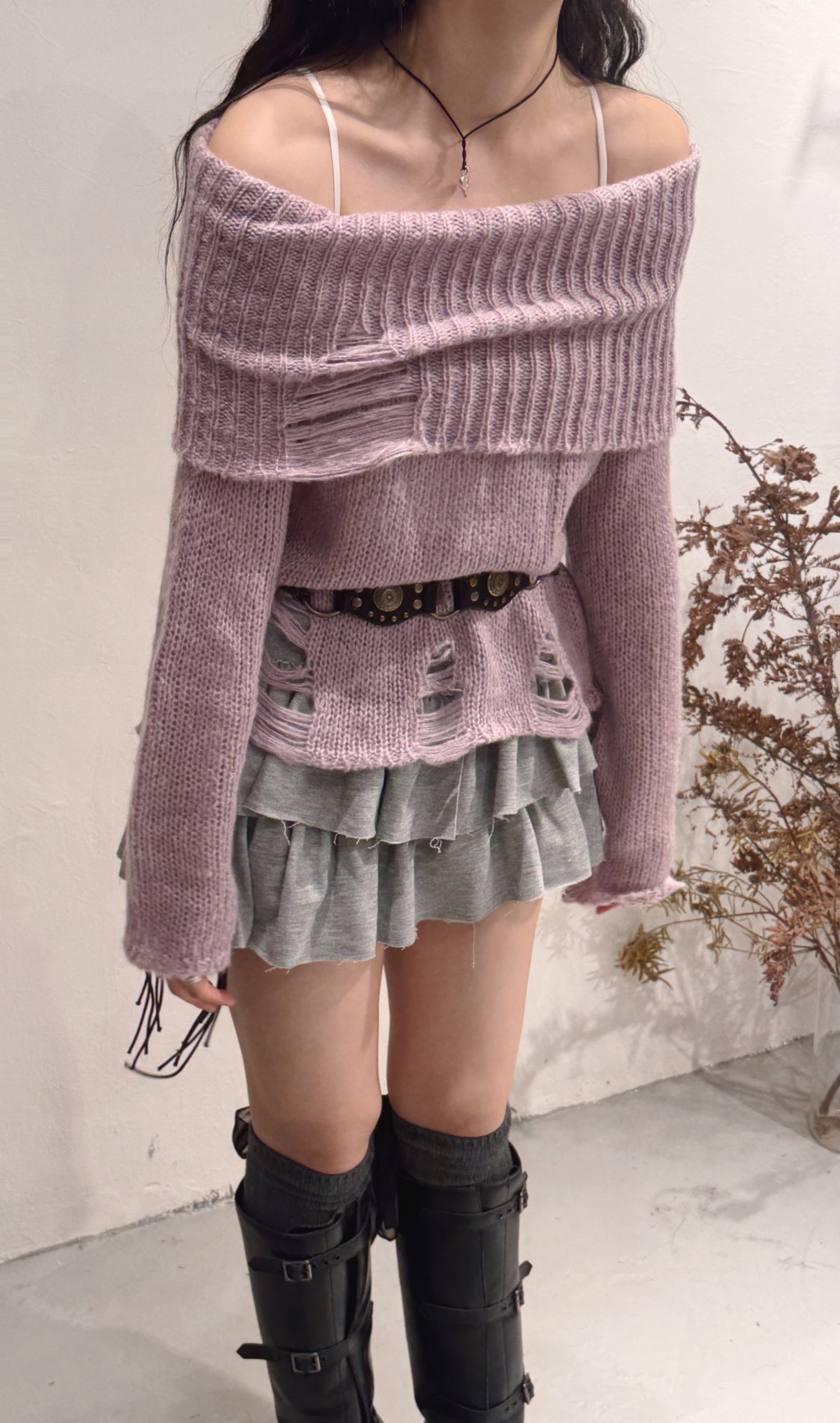 [ 約會裝 best picks! 🎀 ] damaged off shoulder knit / purple