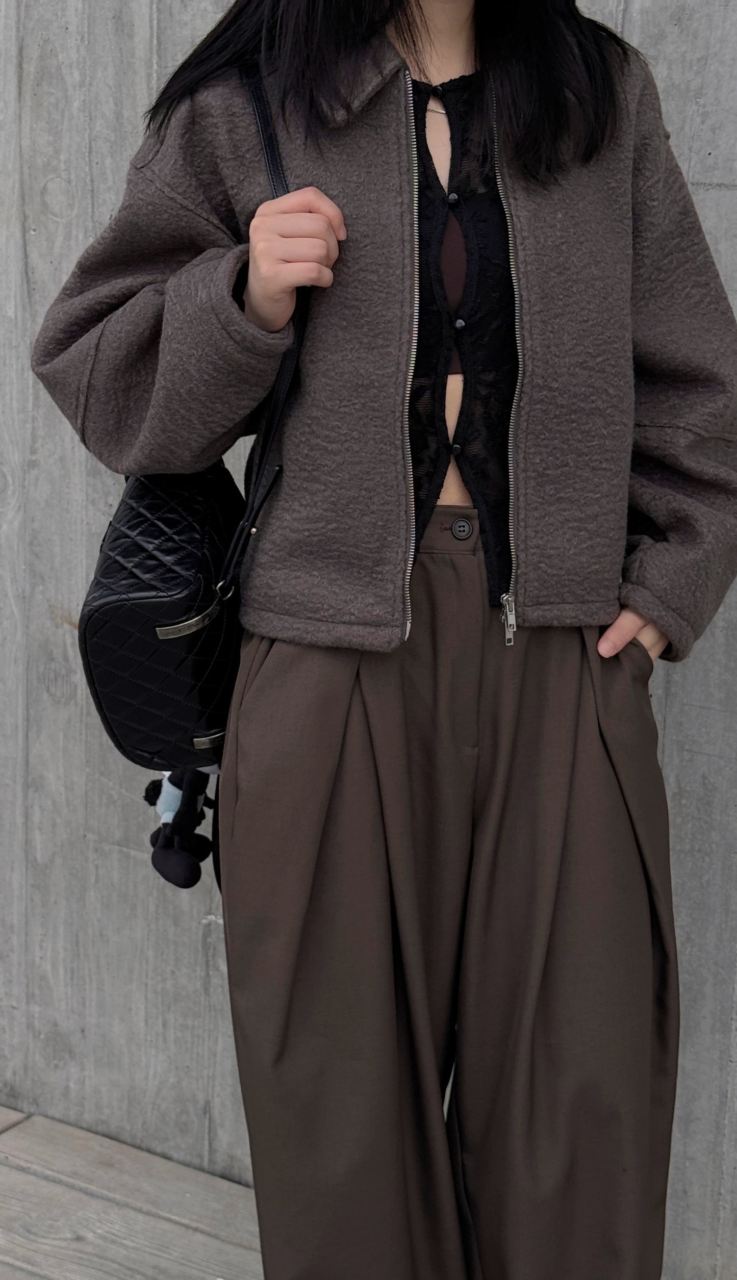 [ 超高級毛呢外套！] Collared faux shearling jacket / brown