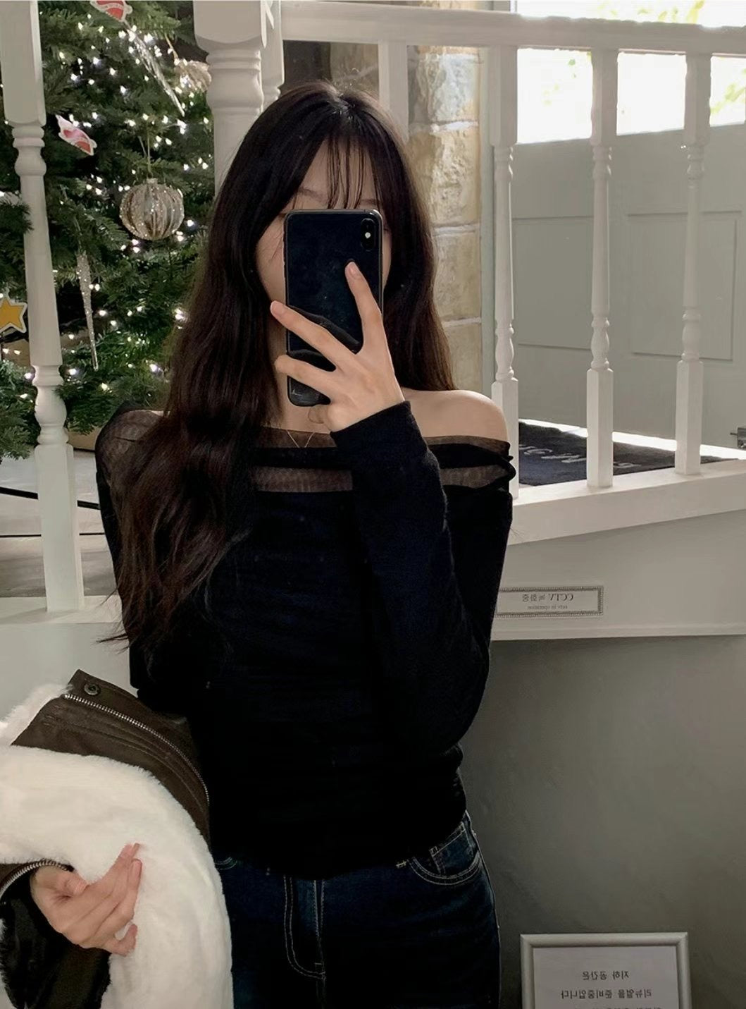 [ dating look get! 🥂] mesh off shoulder top / black