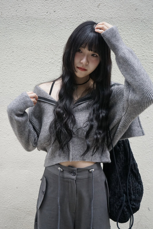 Knit Zip Up Top / Grey