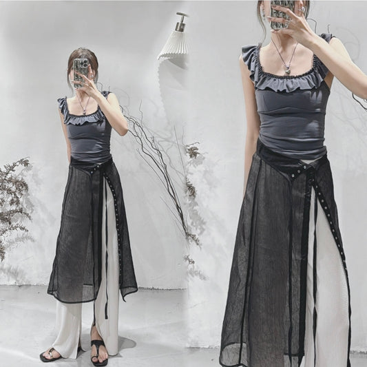 [ 超親膚！極顯瘦！] ruffle square neck top / charcoal ( with pads)