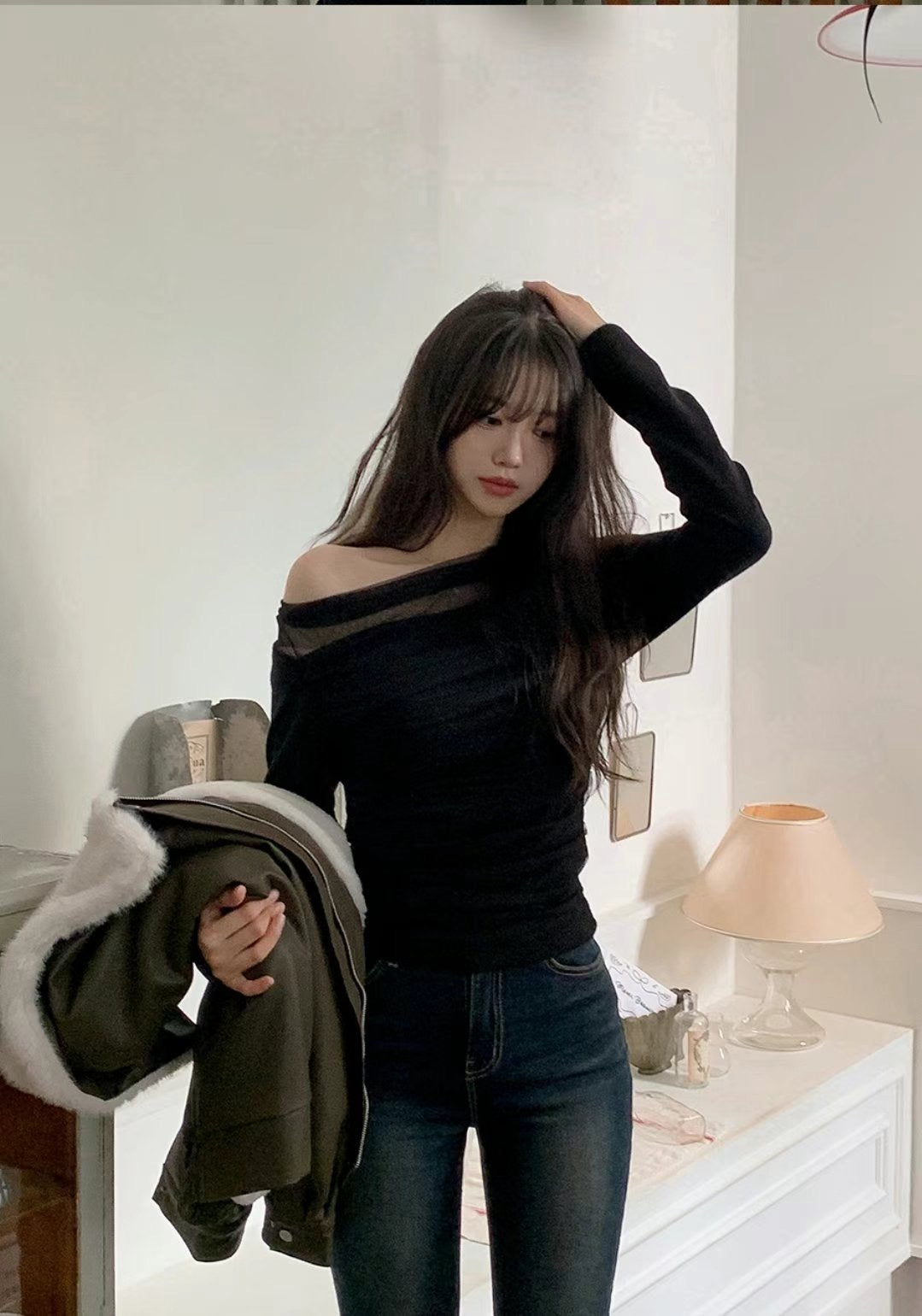 [ dating look get! 🥂] mesh off shoulder top / black