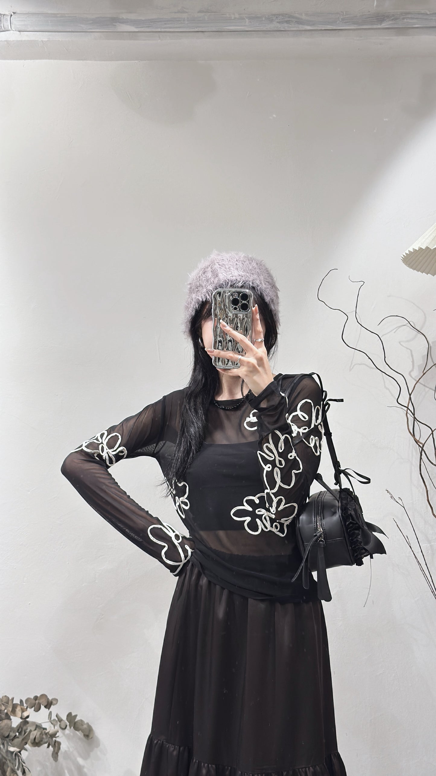 [現貨] Floral print see through top / black