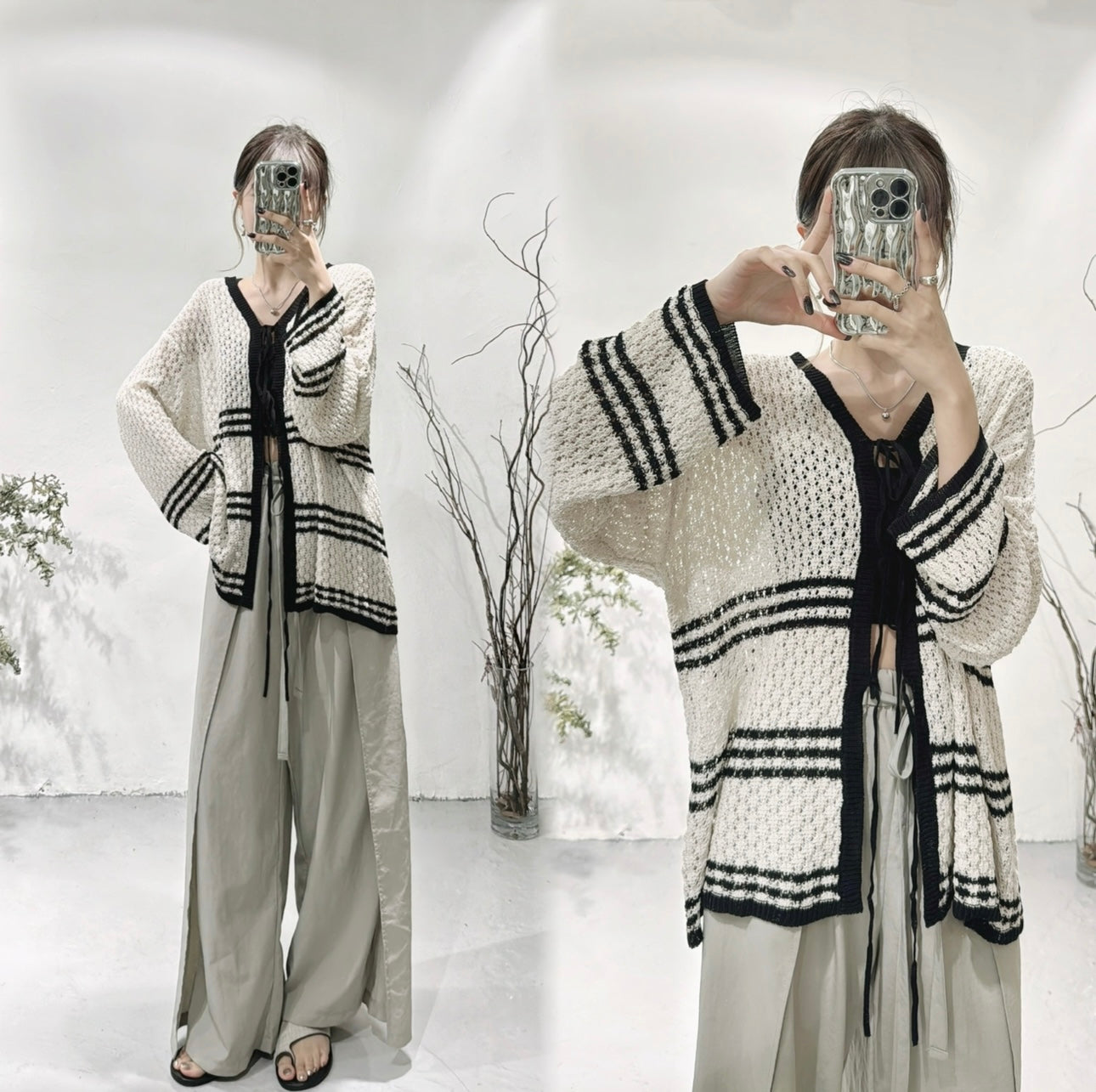 【日系感UP! 】Stripe crocheted outer/ Ivory