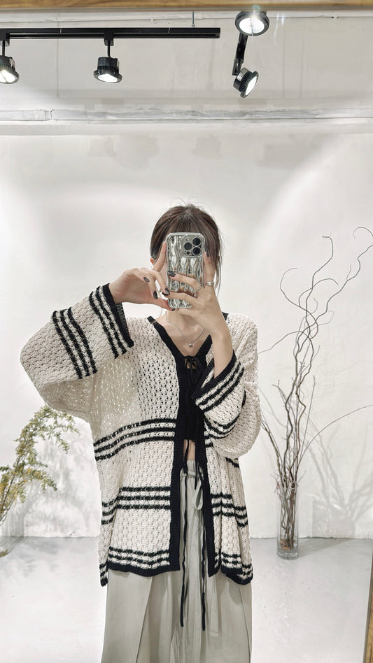 【日系感UP! 】Stripe crocheted outer/ Ivory