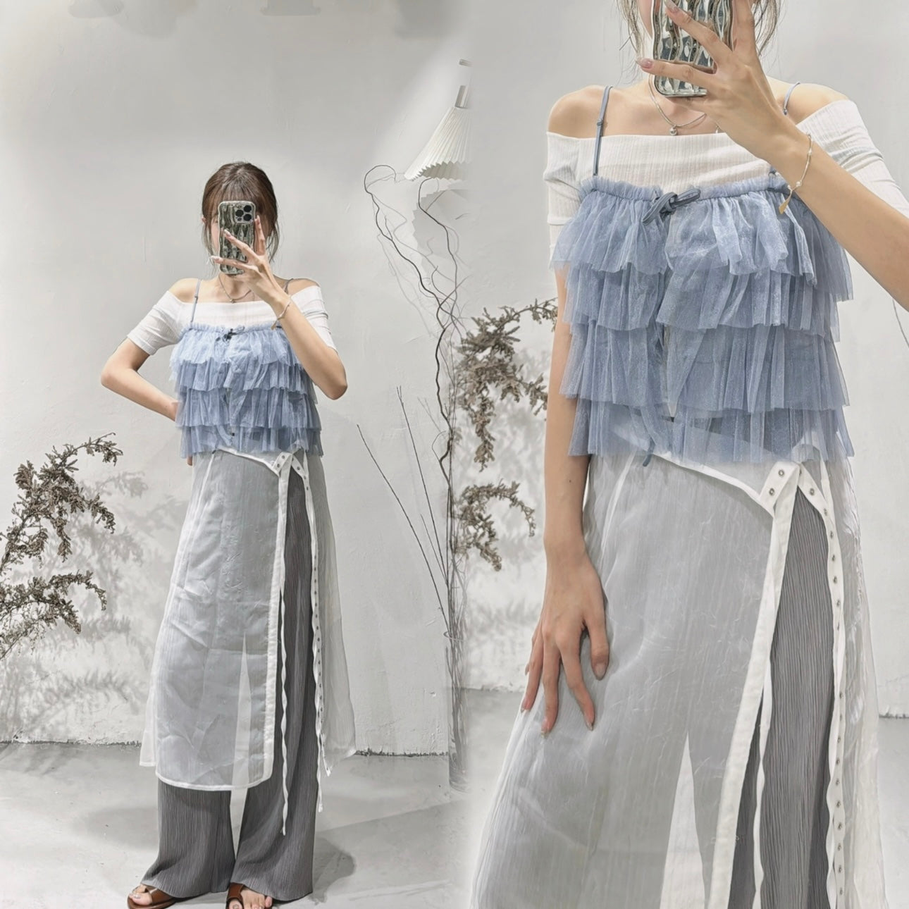 [ 兩邊可著！] ruffle 2-ways cami / blue