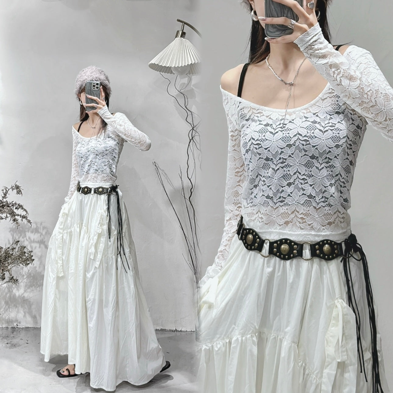 [ 人人都變直角肩！] Lace U-neck top / white