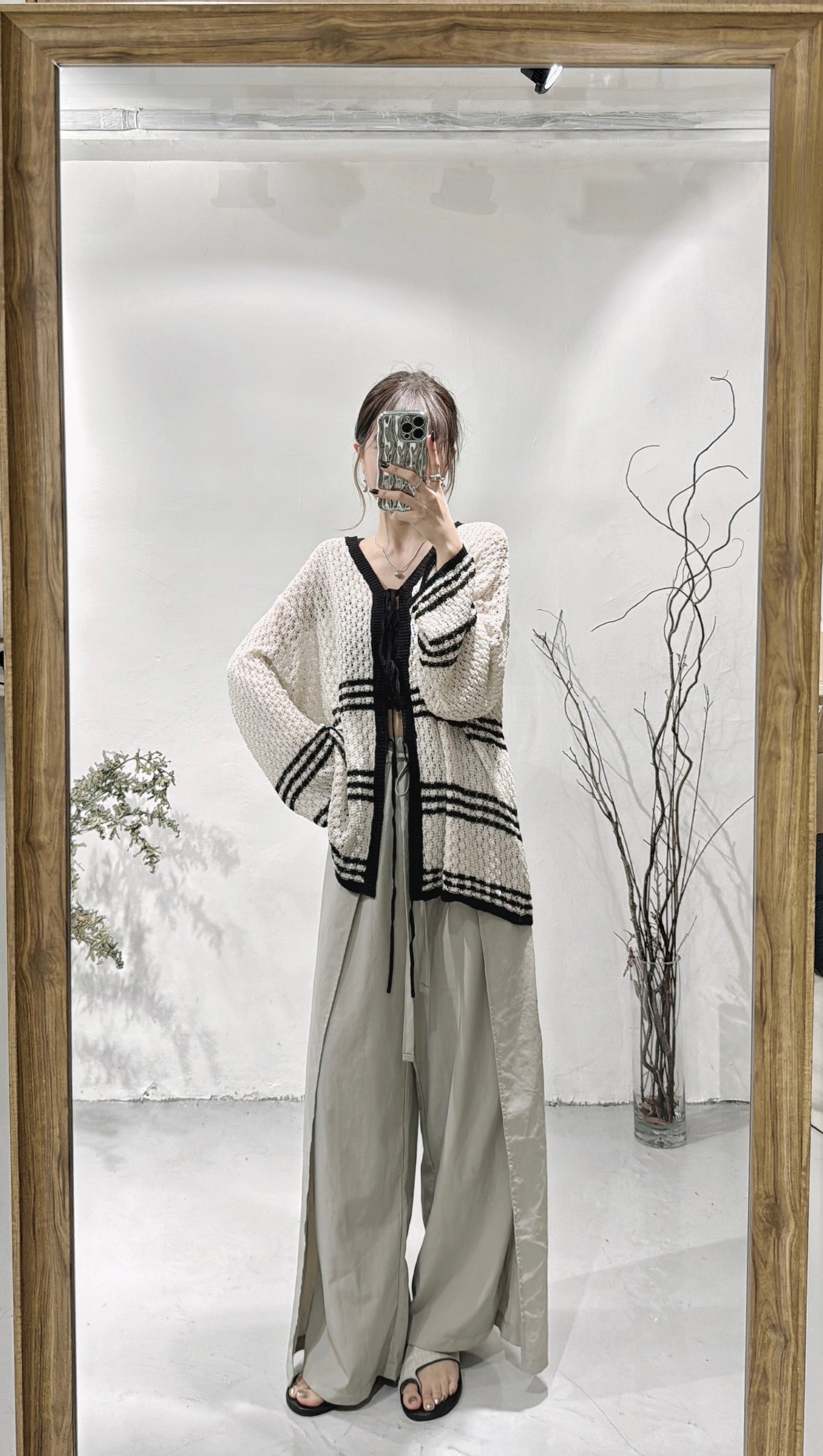 【日系感UP! 】Stripe crocheted outer/ Ivory