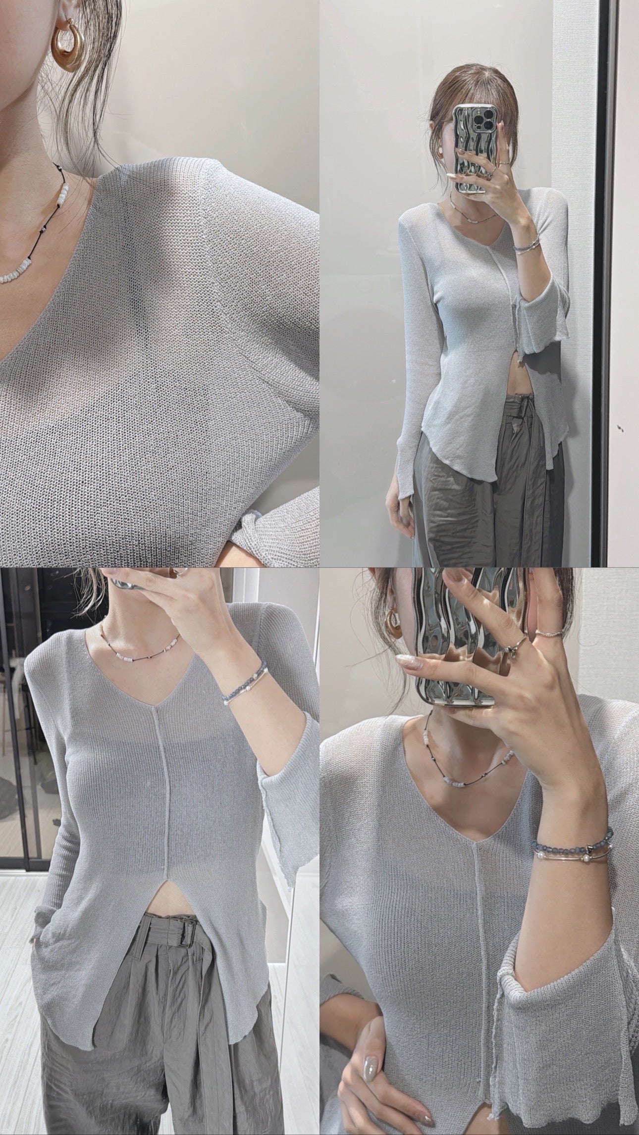 Y cut knit top / grey