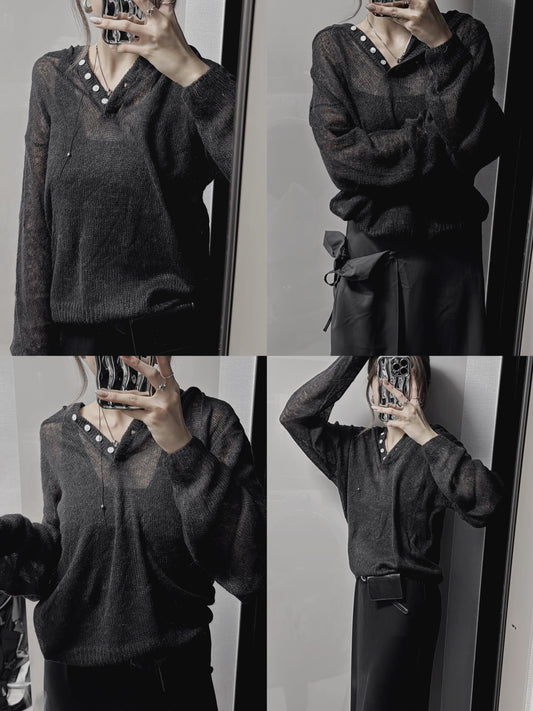 Mohair half button up top / charcoal