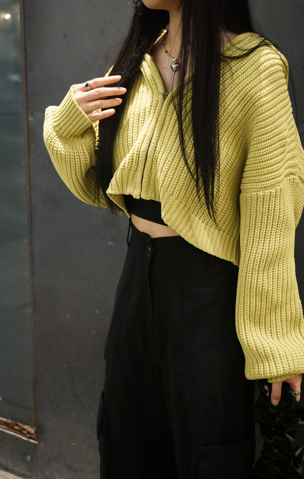 Crop knitted hoodie/ yellow