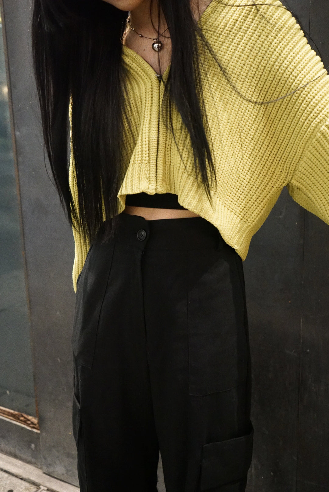 Crop knitted hoodie/ yellow